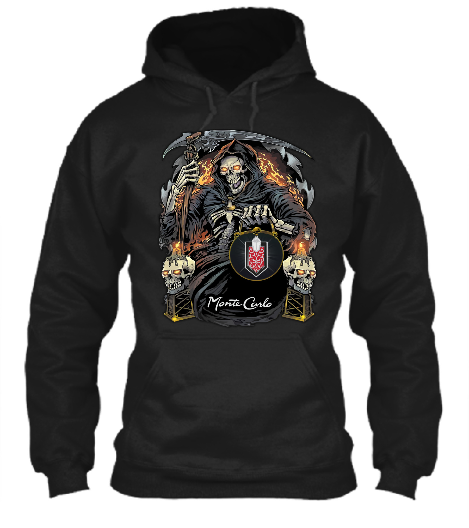 Monte Carlo Grim Reaper With Scythe And Flaming Skulls Shirt