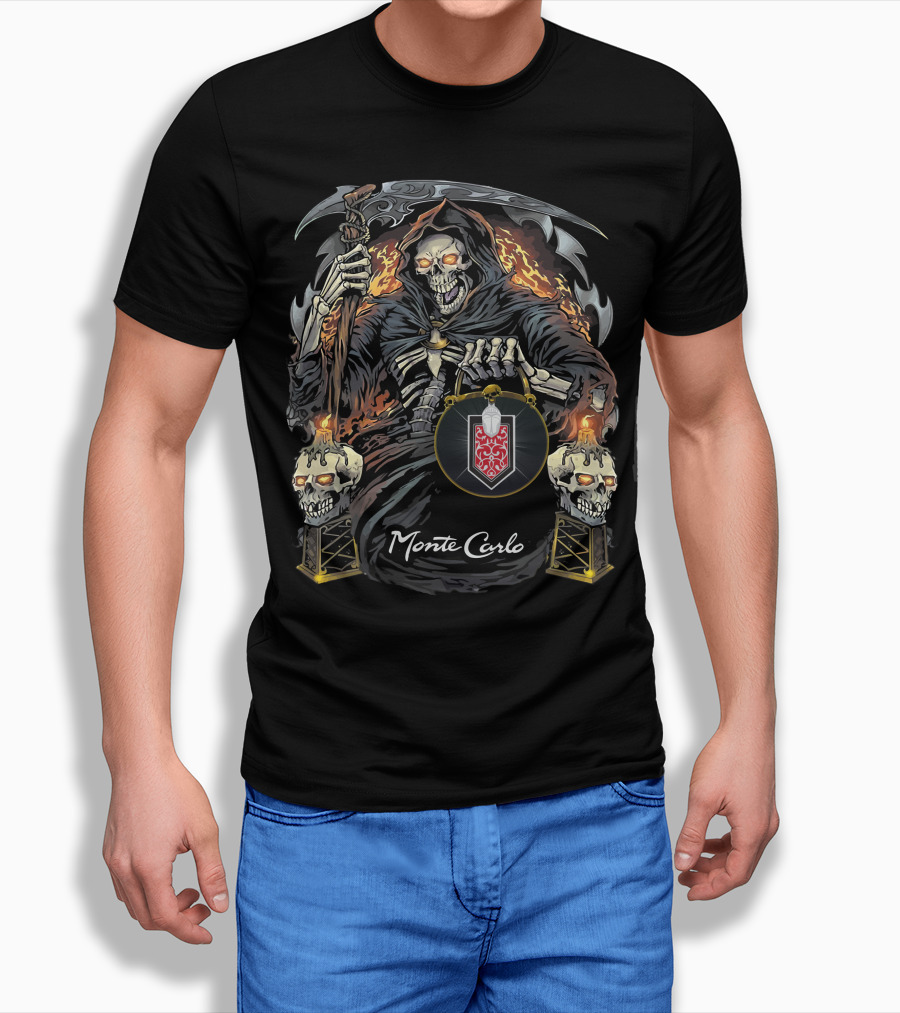 Monte Carlo Grim Reaper With Scythe And Flaming Skulls Shirt