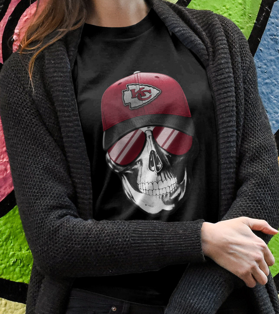 Skull Wearing Kansas City Chiefs Hat With Reflective Shades Shirt