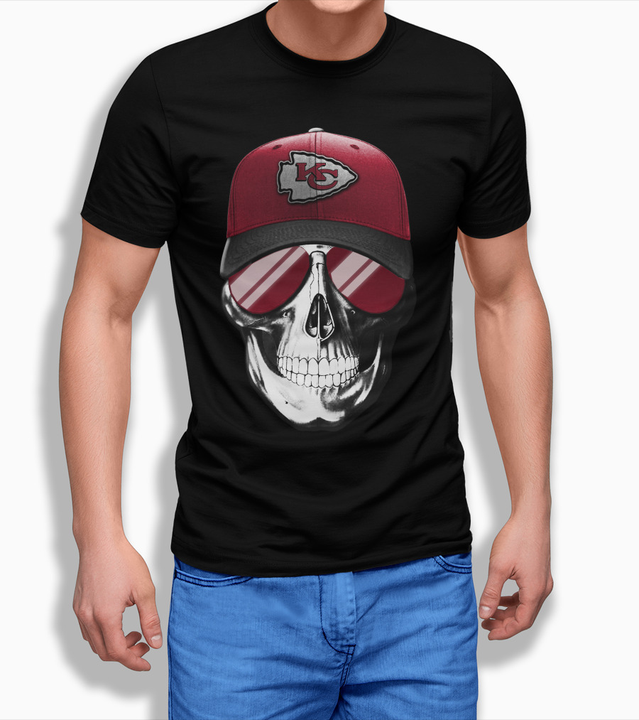 Skull Wearing Kansas City Chiefs Hat With Reflective Shades Shirt