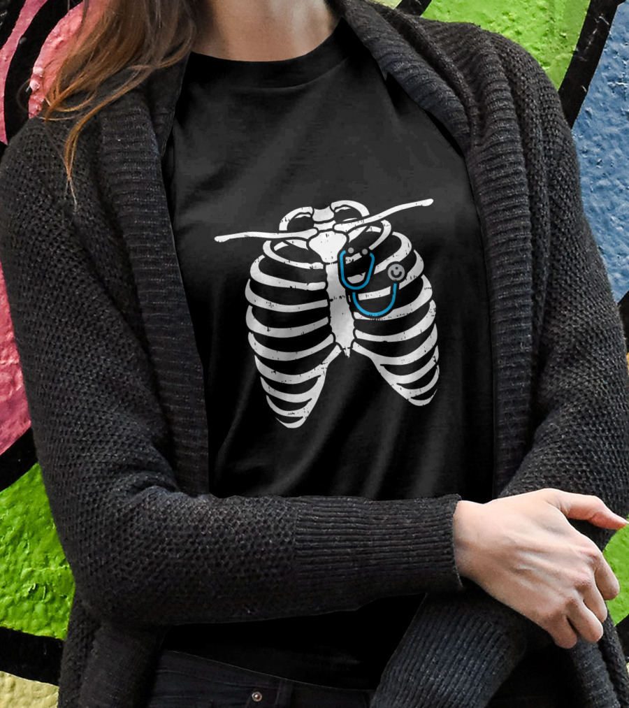 Halloween Nurse Stethoscope Skeleton Ribs Costume Shirt