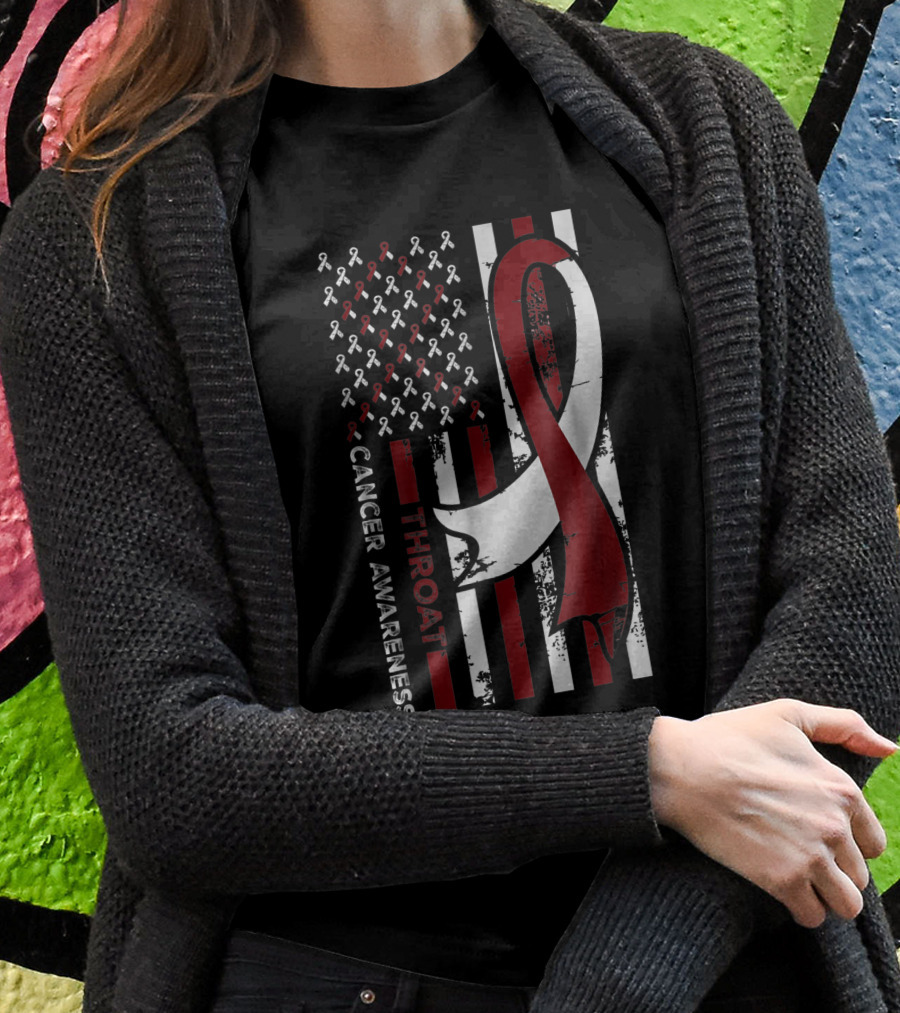 Throat Cancer Awareness American Flag Ribbon Shirt