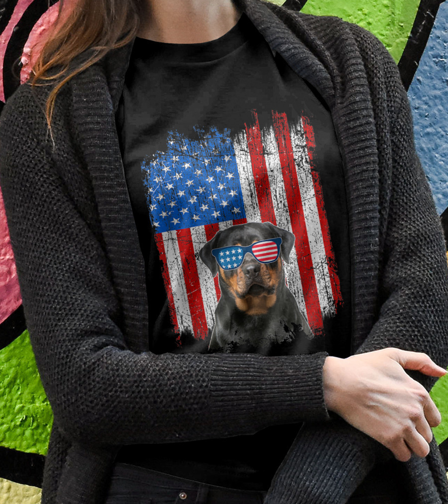 Rottweiler Usa American Flag Funny Dog With Sunglasses Shirt