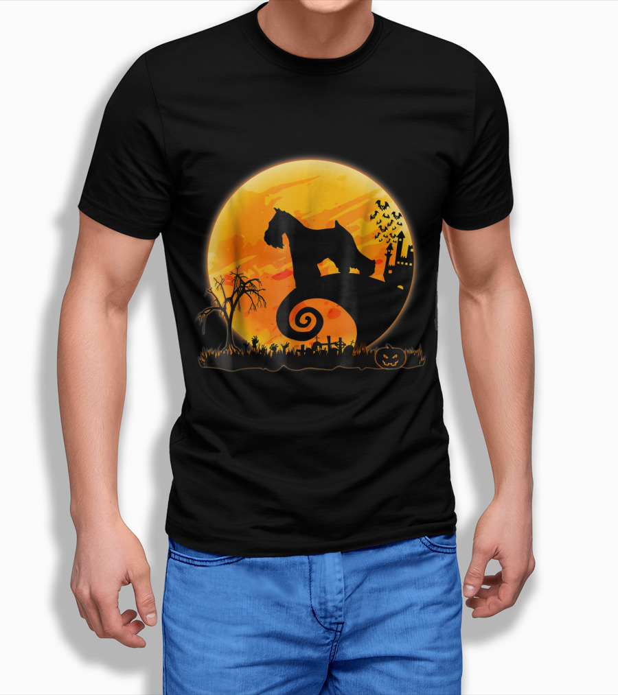 Miniature Schnauzer Dog Halloween Moon With Haunted Castle And Pumpkin Shirt