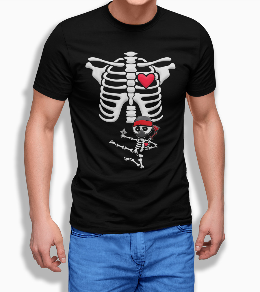 Ninja Skeleton Heart Ribcage With Red Bandana Shirt