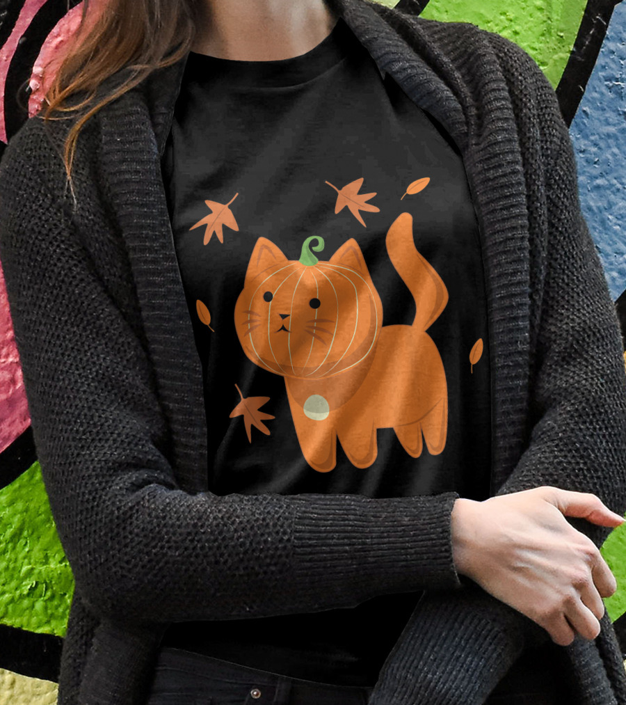 Cute Halloween Cat With Pumpkin Head And Falling Leaves Shirt