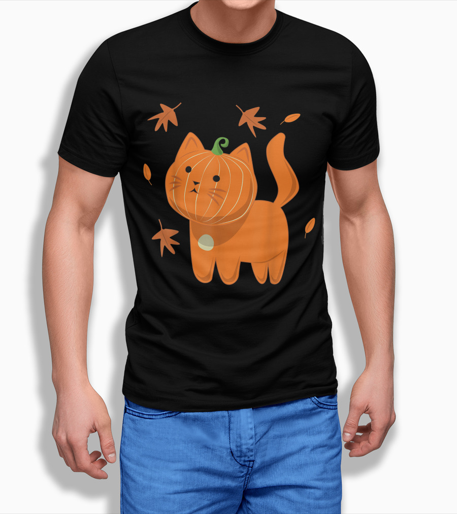 Cute Halloween Cat With Pumpkin Head And Falling Leaves Shirt