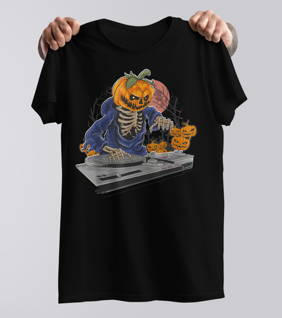 Zombie Skeleton Halloween Dj With Headphones And Turntable Shirt