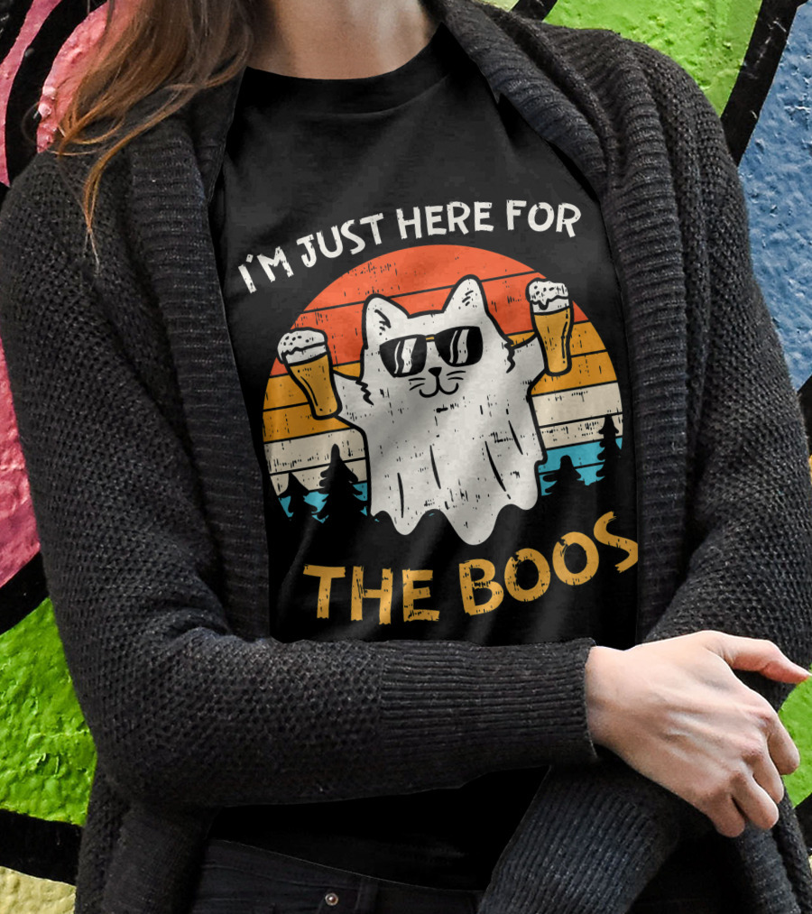 Im Just Here For The Boos Cat Ghost Halloween Beer Retro Shirt