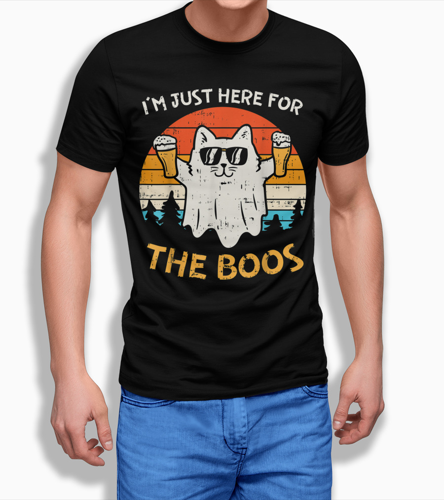Im Just Here For The Boos Cat Ghost Halloween Beer Retro Shirt