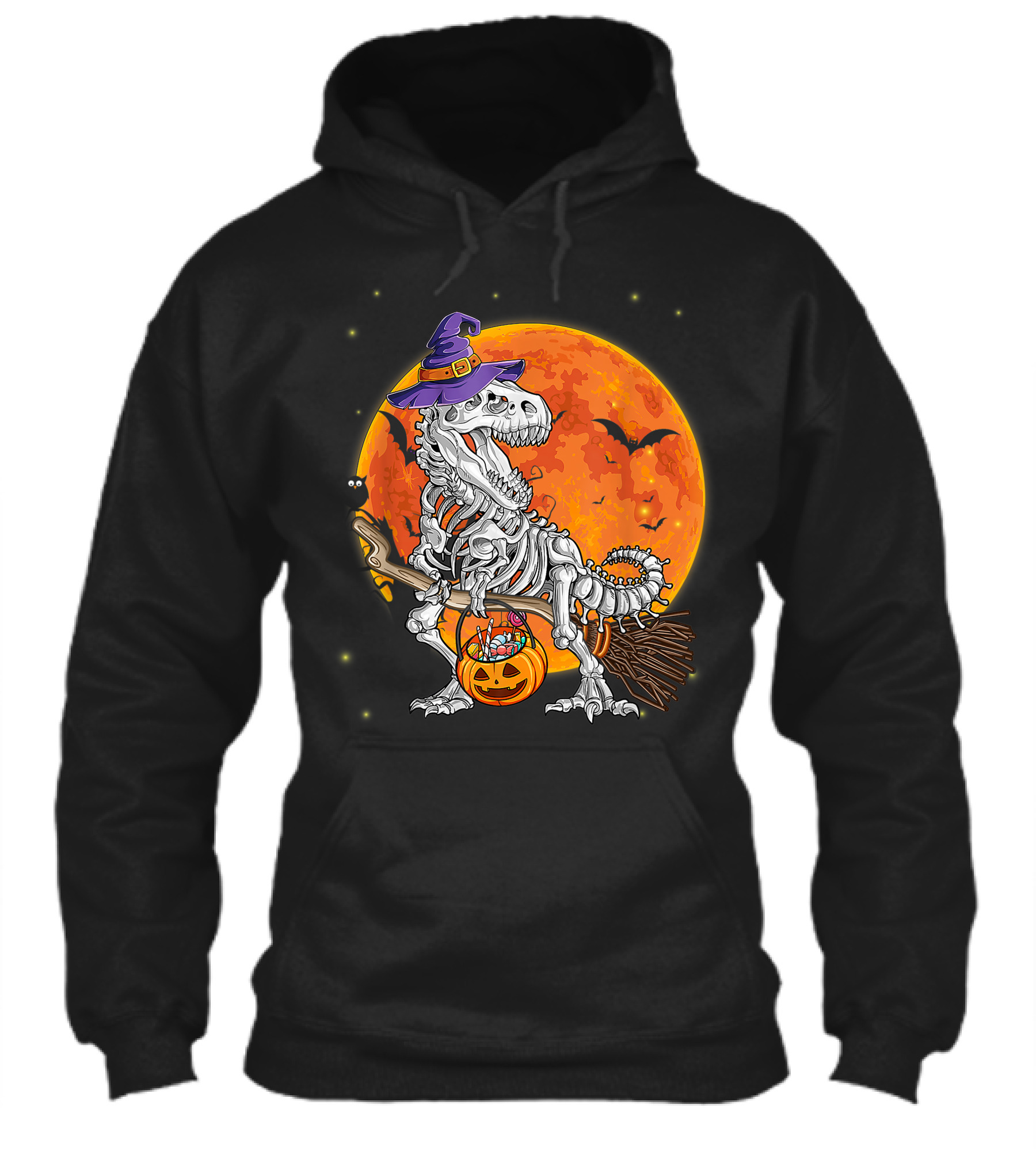 Dinosaur Witch Skeleton Halloween Costume Riding Broomstick With Pumpkin And Full Moon Shirt