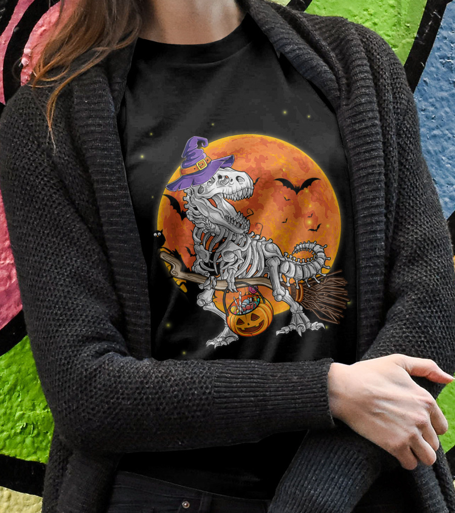 Dinosaur Witch Skeleton Halloween Costume Riding Broomstick With Pumpkin And Full Moon Shirt