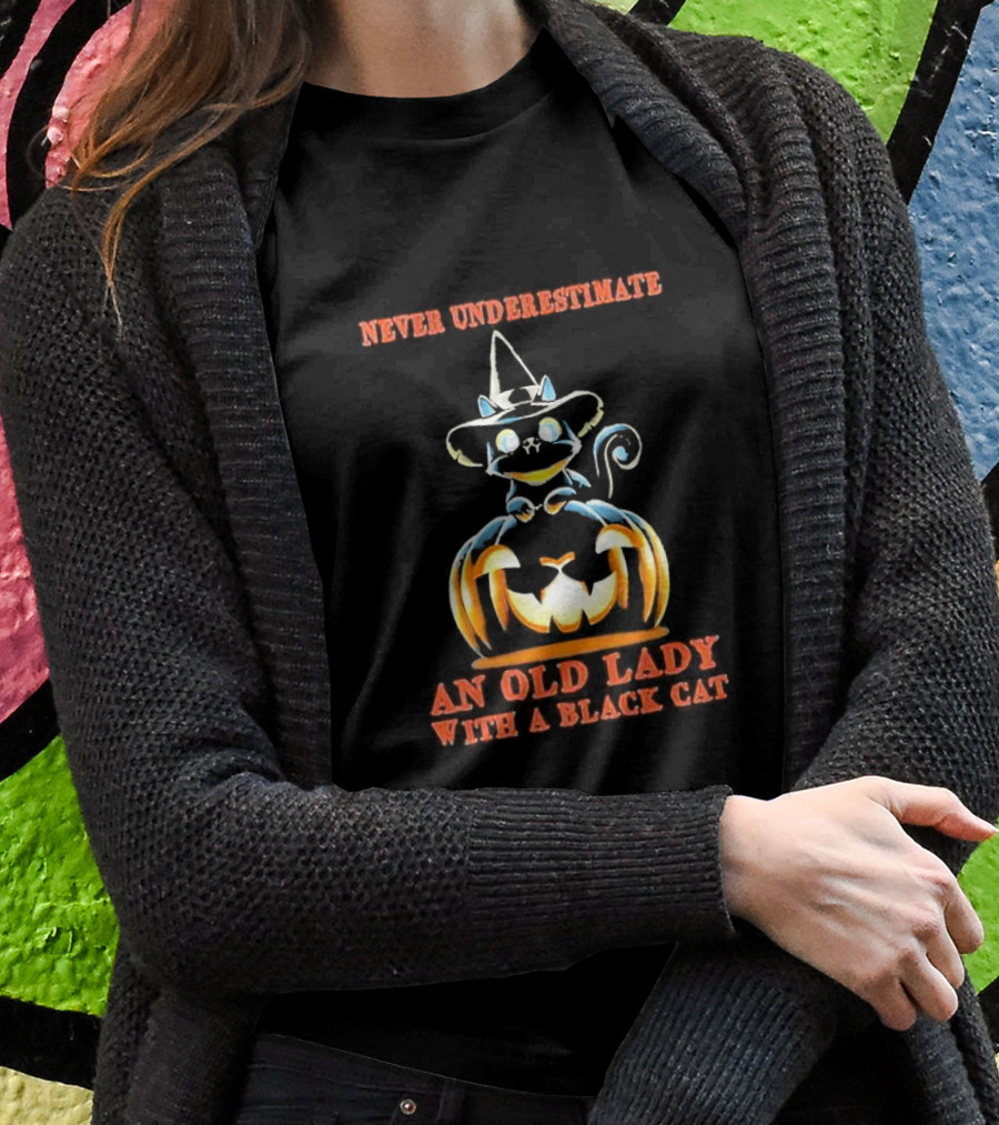 Never Underestimate An Old Lady With A Black Cat Halloween Pumpkin Witch Hat Shirt