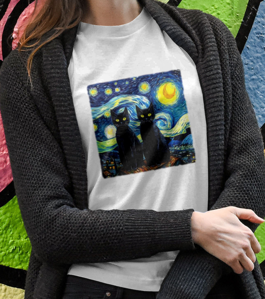 Black Cats Starry Night Vincent Van Gogh Painting Fusion Shirt