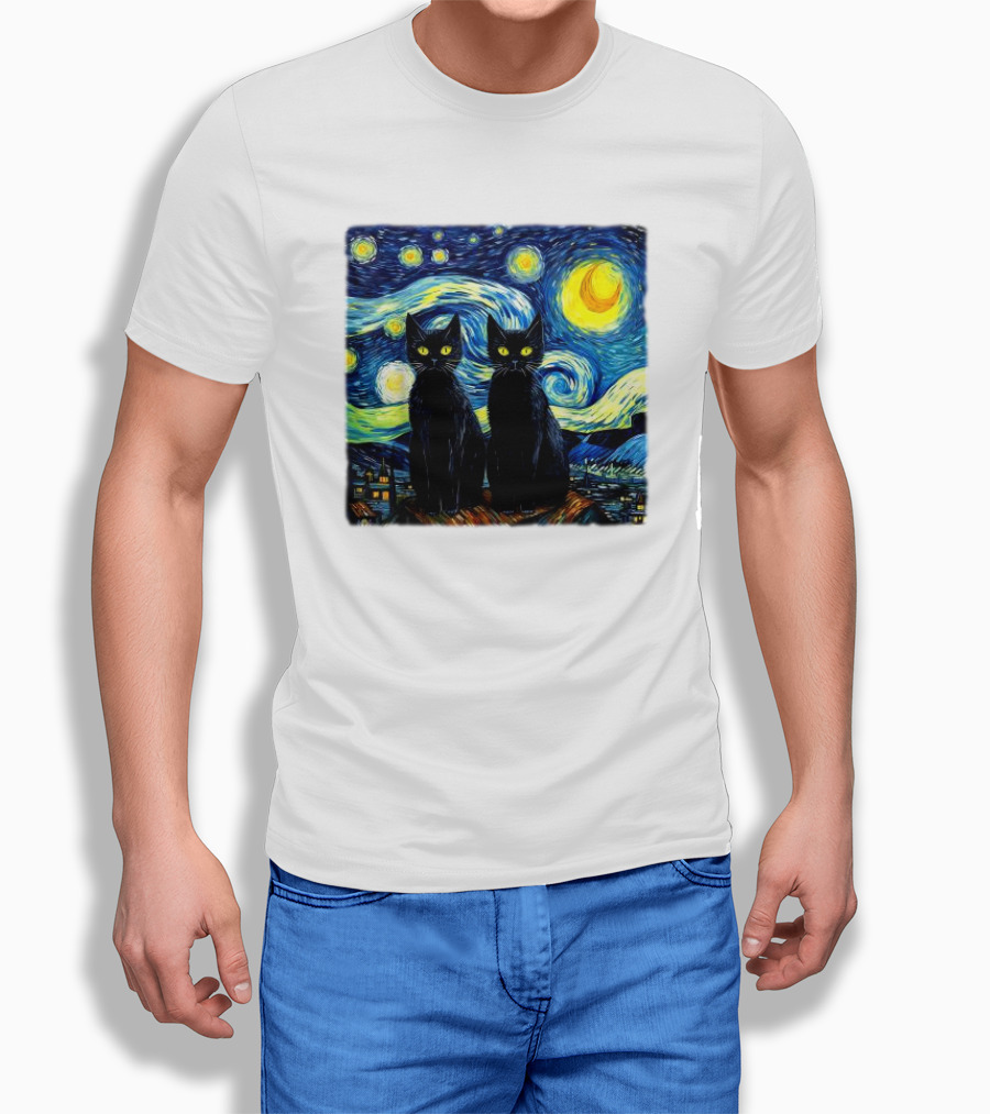 Black Cats Starry Night Vincent Van Gogh Painting Fusion Shirt