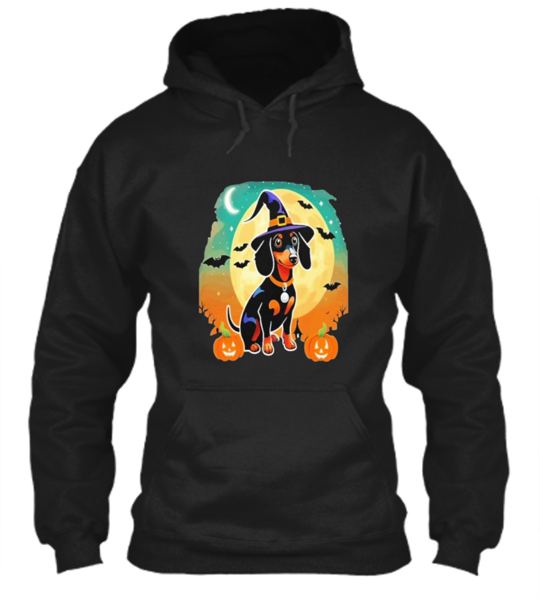 Dachshund Dog Witch Hat Moon Bats Pumpkins Shirt