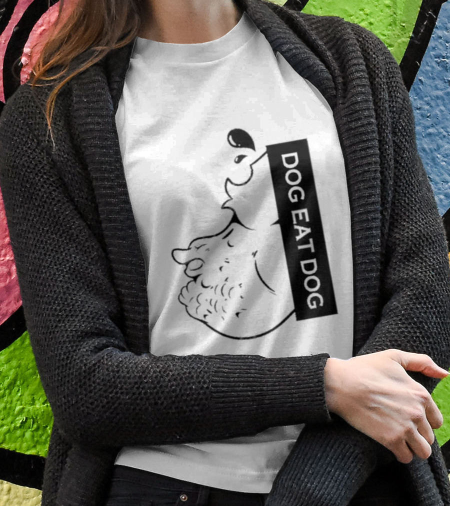 Slosh Dog Eat Dog Vertical Text Graphic With Cartoon Style Dog Outline Shirt