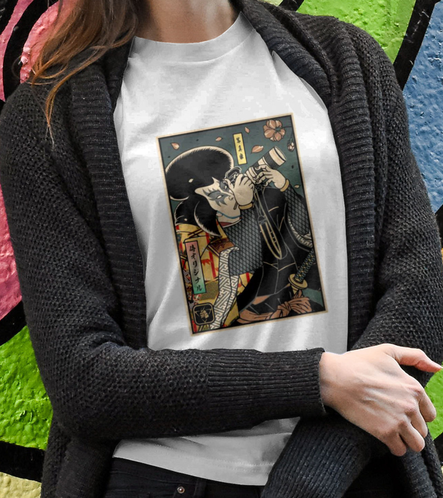 Samurai Ukiyoe Style Photographer With Katana And Cherry Blossoms Shirt
