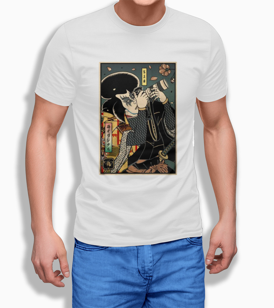 Samurai Ukiyoe Style Photographer With Katana And Cherry Blossoms Shirt
