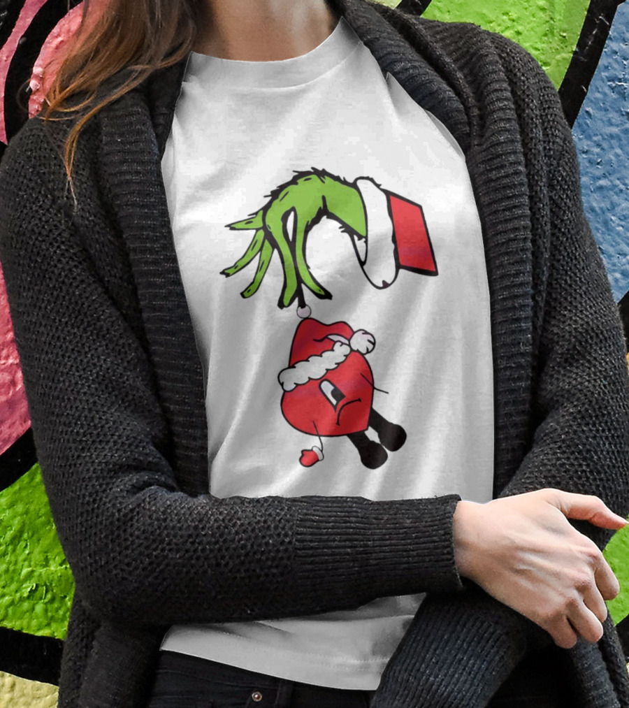 Grinch Hand Holding Santa Hat Bad Bunny Xmas Shirt