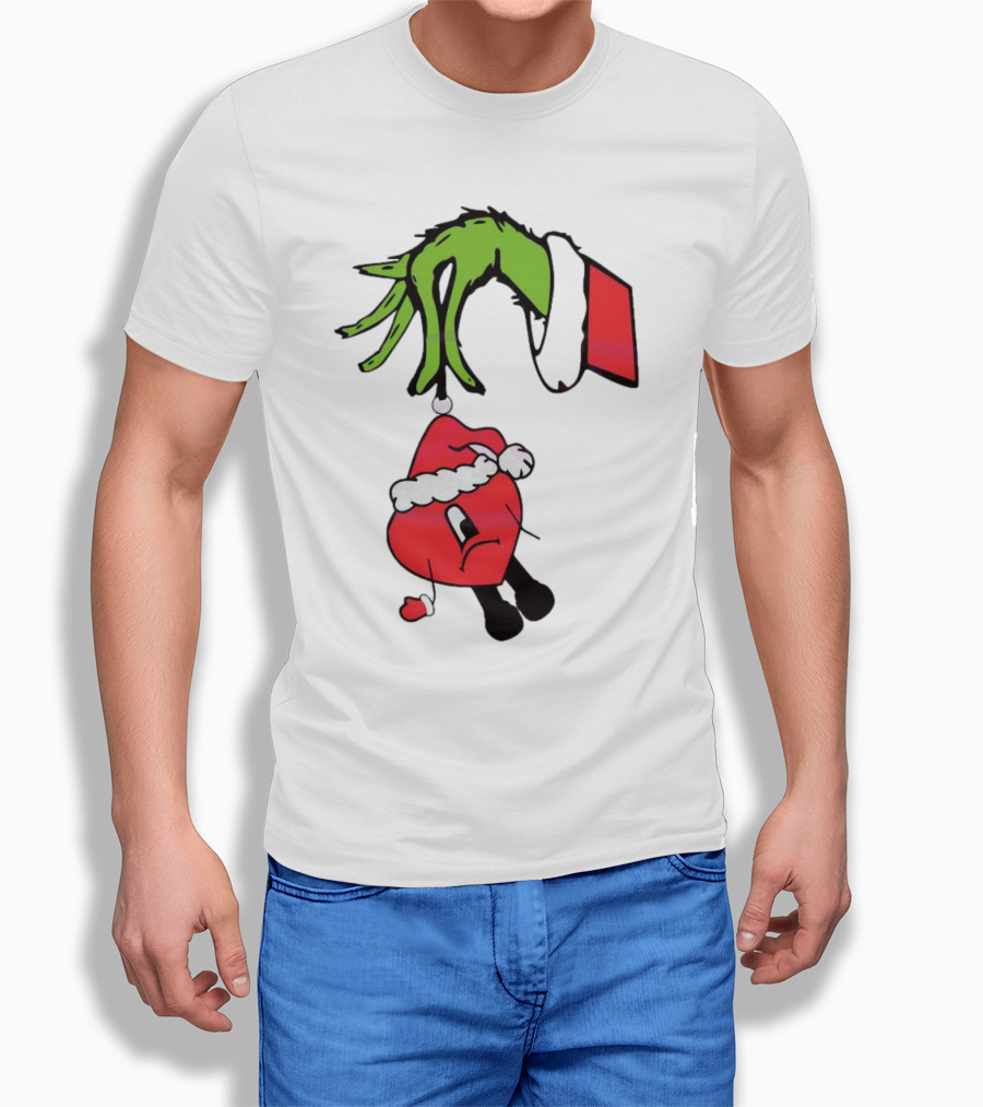 Grinch Hand Holding Santa Hat Bad Bunny Xmas Shirt