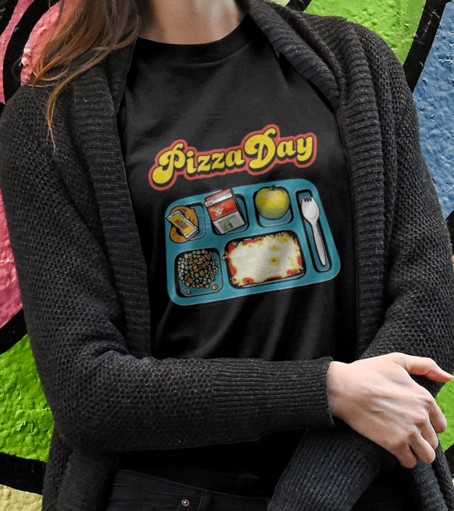S7S Pizza Day Cafeteria Lunch Tray With Pizza Milk Apple Cookies Fork And Vegetables Shirt