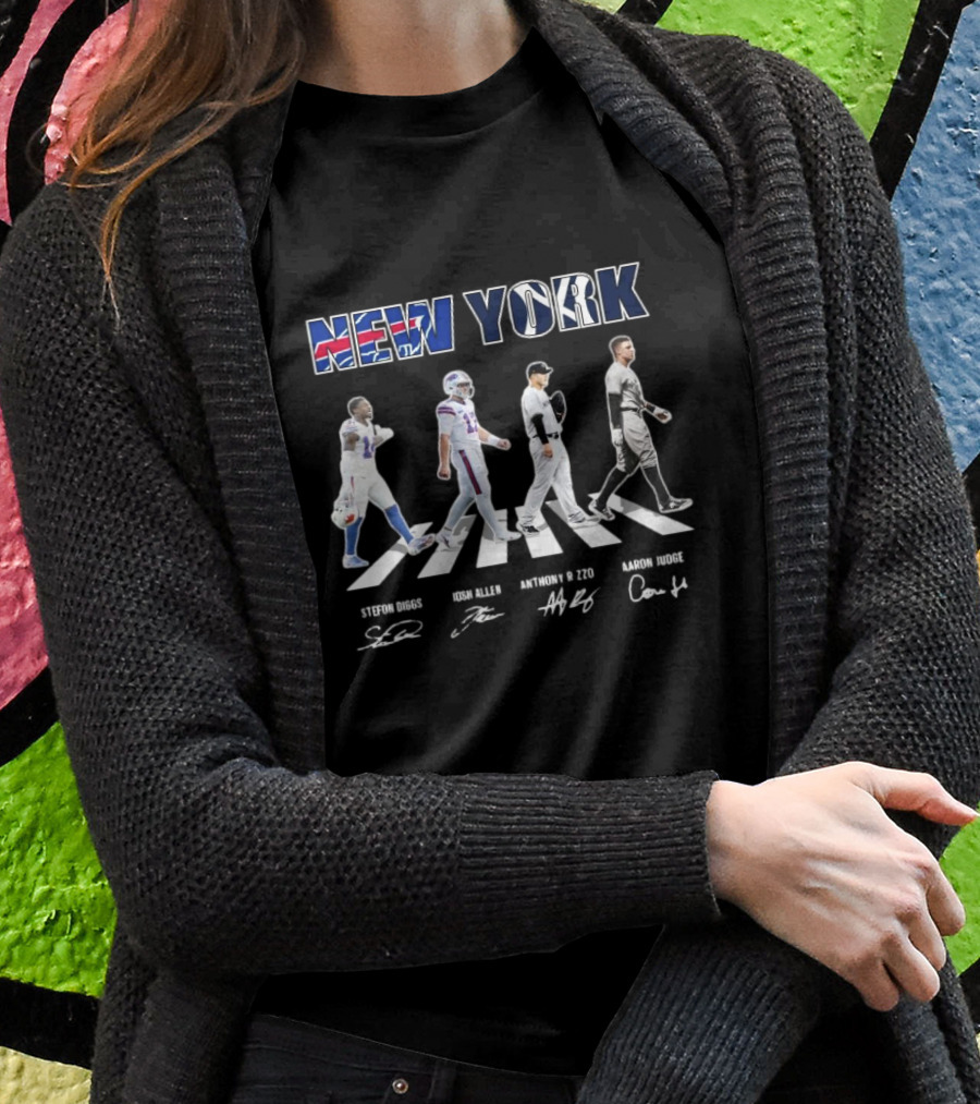 New York Teams Buffalo Bills Yankees Stefon Diggs Josh Allen Anthony Rizzo Aaron Judge Walking Signatures Shirt