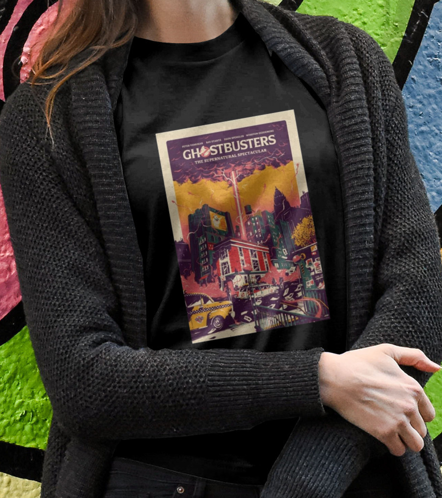 Ghostbusters The Supernatural Spectacular 2024 Vintage City Scene With Taxi And Lightning Shirt