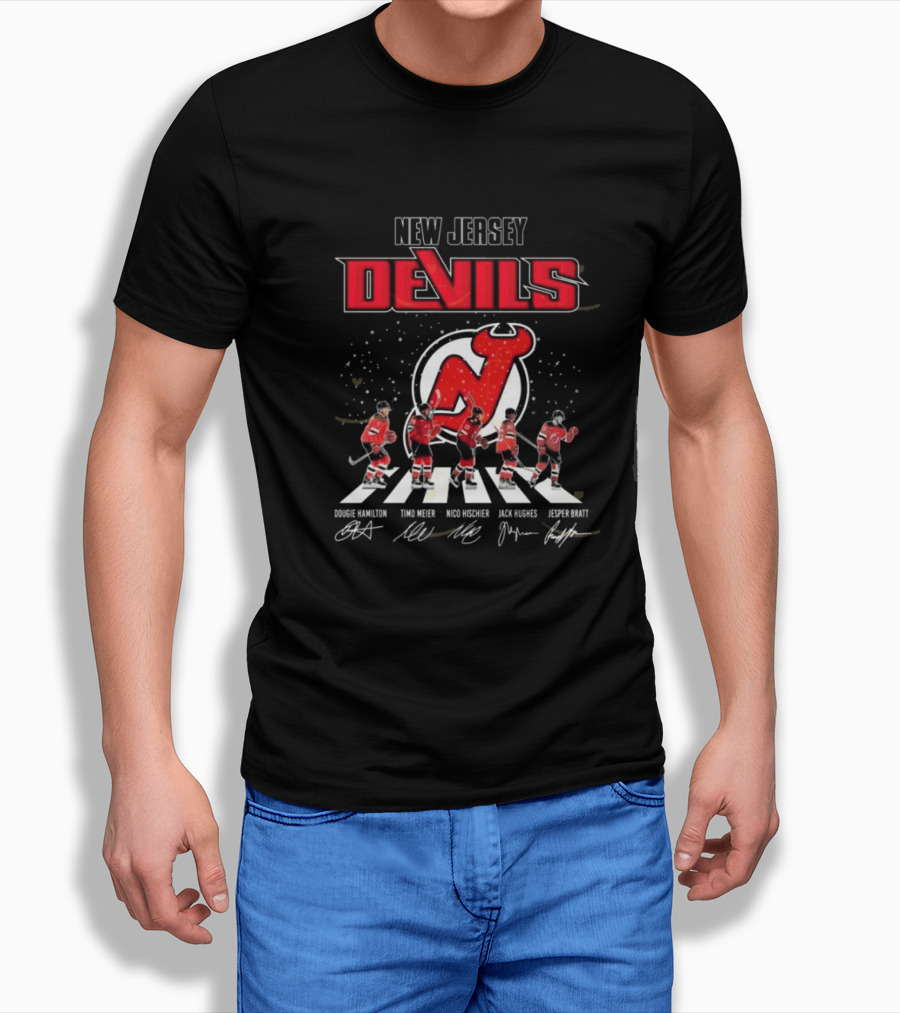 New Jersey Devils Dougie Hamilton Timo Meier Nico Hischier Jack Hughes Jesper Bratt Walking Signatures Shirt
