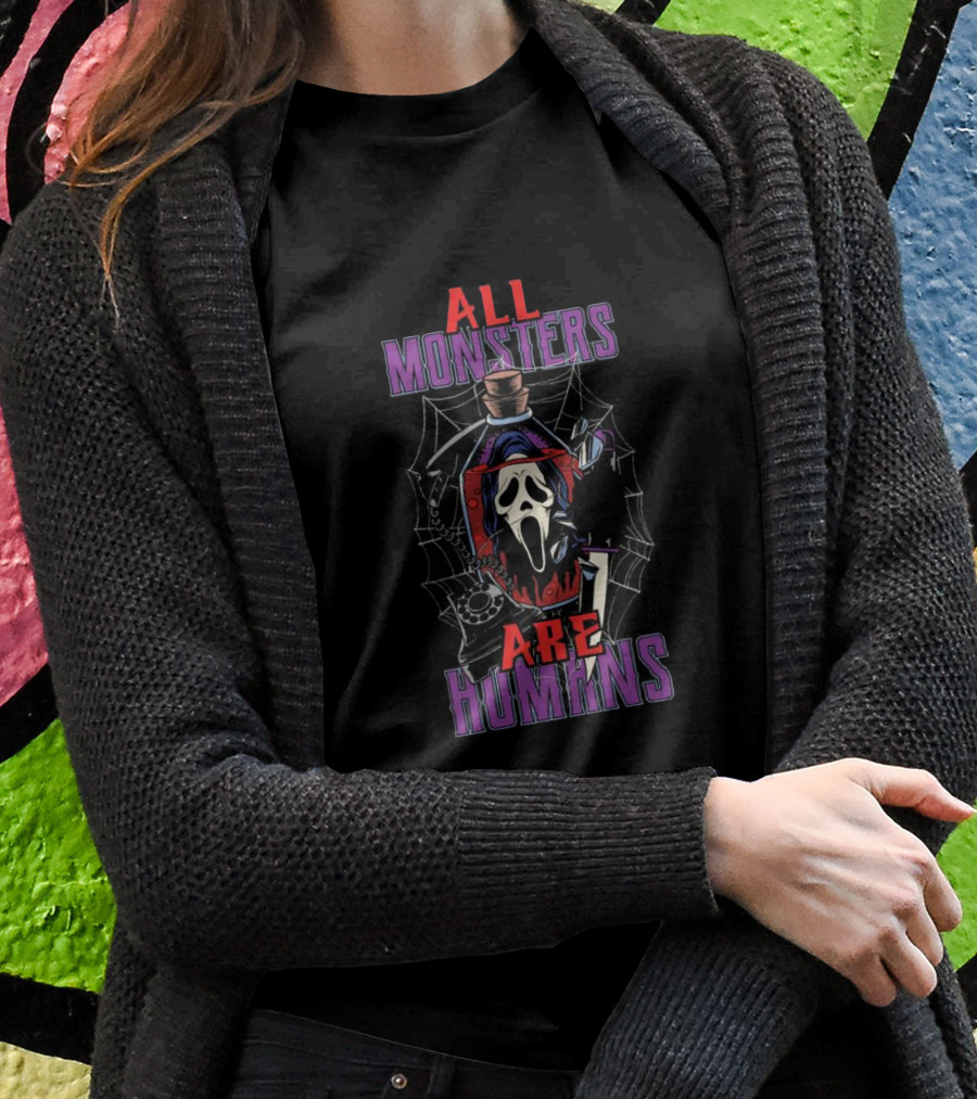 All Monsters Are Human Ghostface Spider Web And Knife Shirt