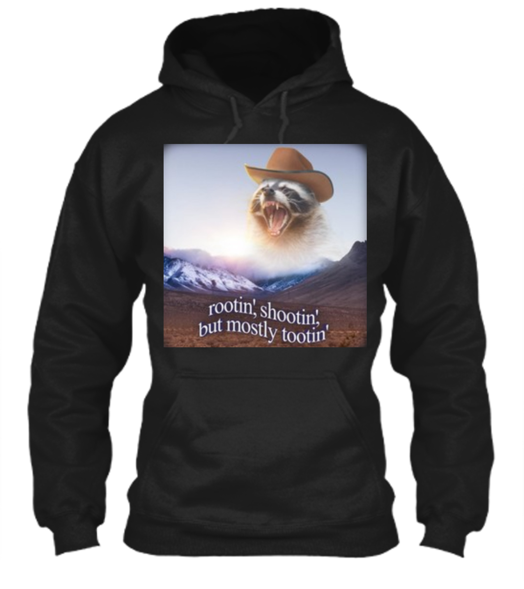Rootin Shootin But Mostly Tootin Raccoon Cowboy With Hat In Scenic Mountain Sunset Shirt