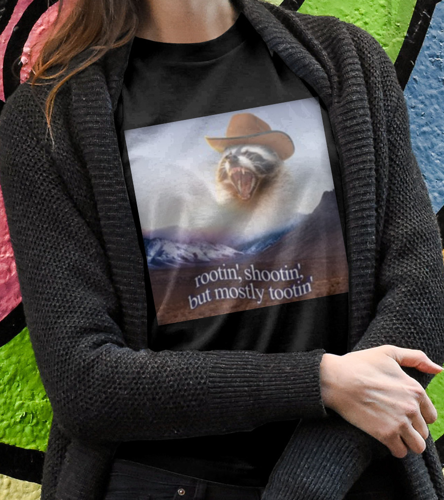 Rootin Shootin But Mostly Tootin Raccoon Cowboy With Hat In Scenic Mountain Sunset Shirt