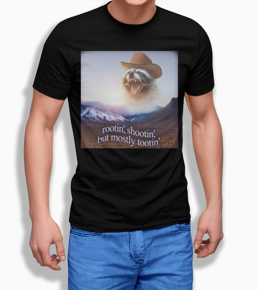 Rootin Shootin But Mostly Tootin Raccoon Cowboy With Hat In Scenic Mountain Sunset Shirt
