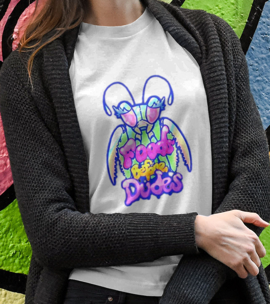 Mantis Neon Foods Before Dudes Colorful Insect Motif Shirt