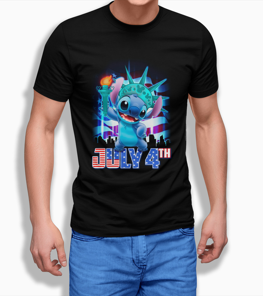 Stitch July 4Th Statue Of Liberty Torch And American Flag Background Shirt