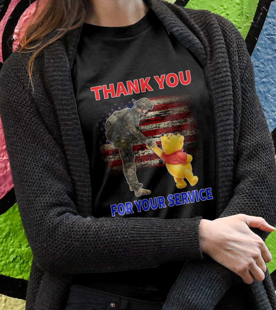 Thank You For Your Service Soldier And Pooh With American Flag Background Shirt