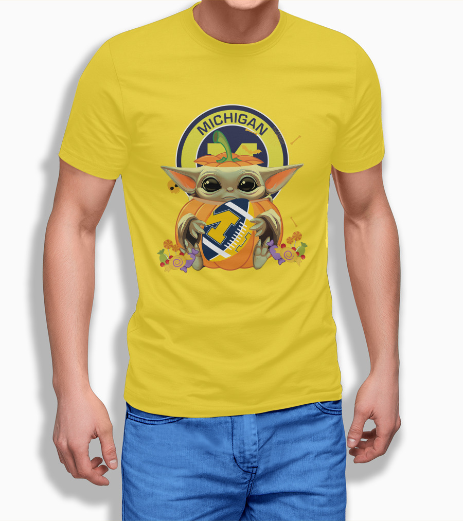 Halloween Pumpkin Baby Yoda Hug Michigan Wolverines Football Shirt