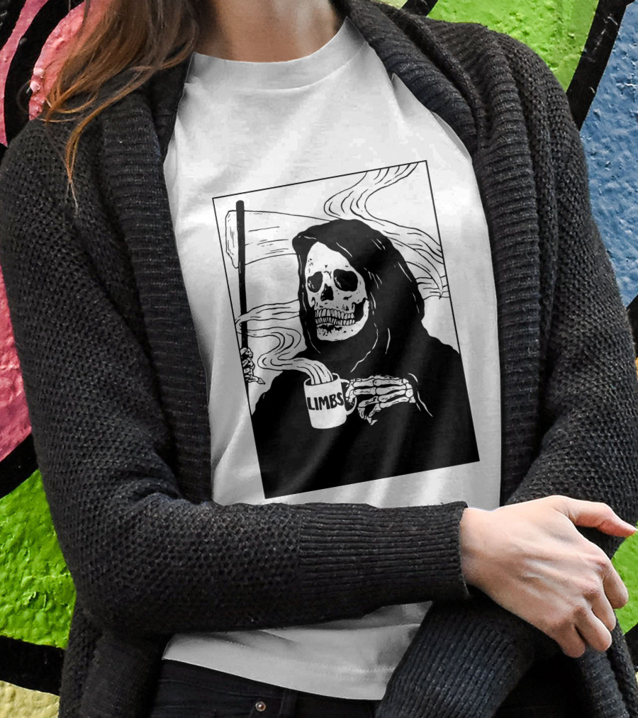 Chelsea Grin Down Right Merch Limbs Coffee Reaper Skeleton Holding Scythe And Mug Shirt