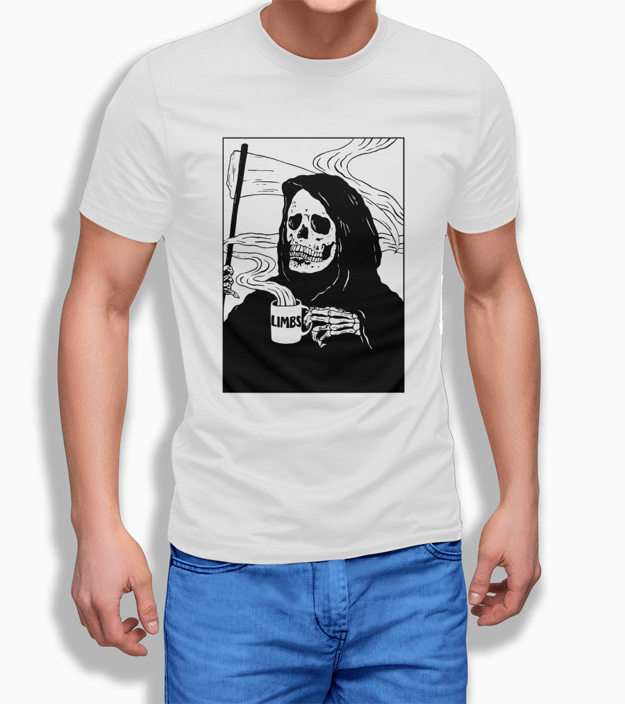 Chelsea Grin Down Right Merch Limbs Coffee Reaper Skeleton Holding Scythe And Mug Shirt