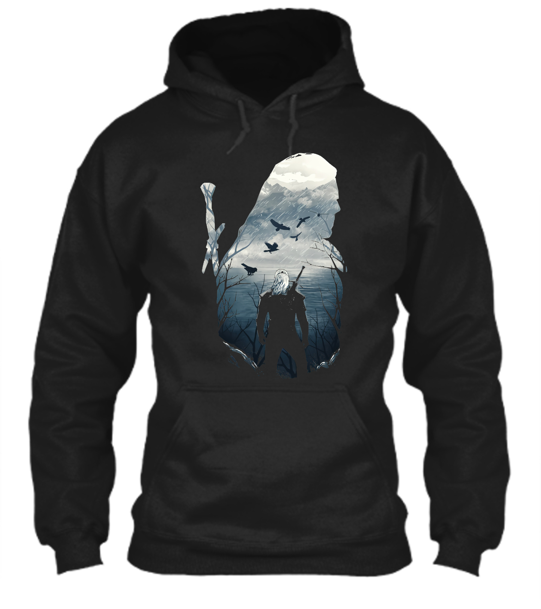Wild Hunt Forest Geralt Silhouette With Mountains Ravens Sword Shirt