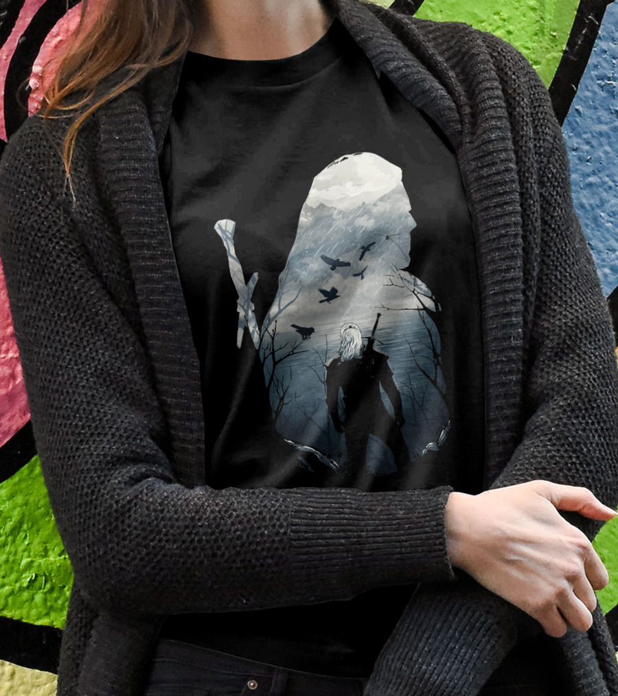 Wild Hunt Forest Geralt Silhouette With Mountains Ravens Sword Shirt