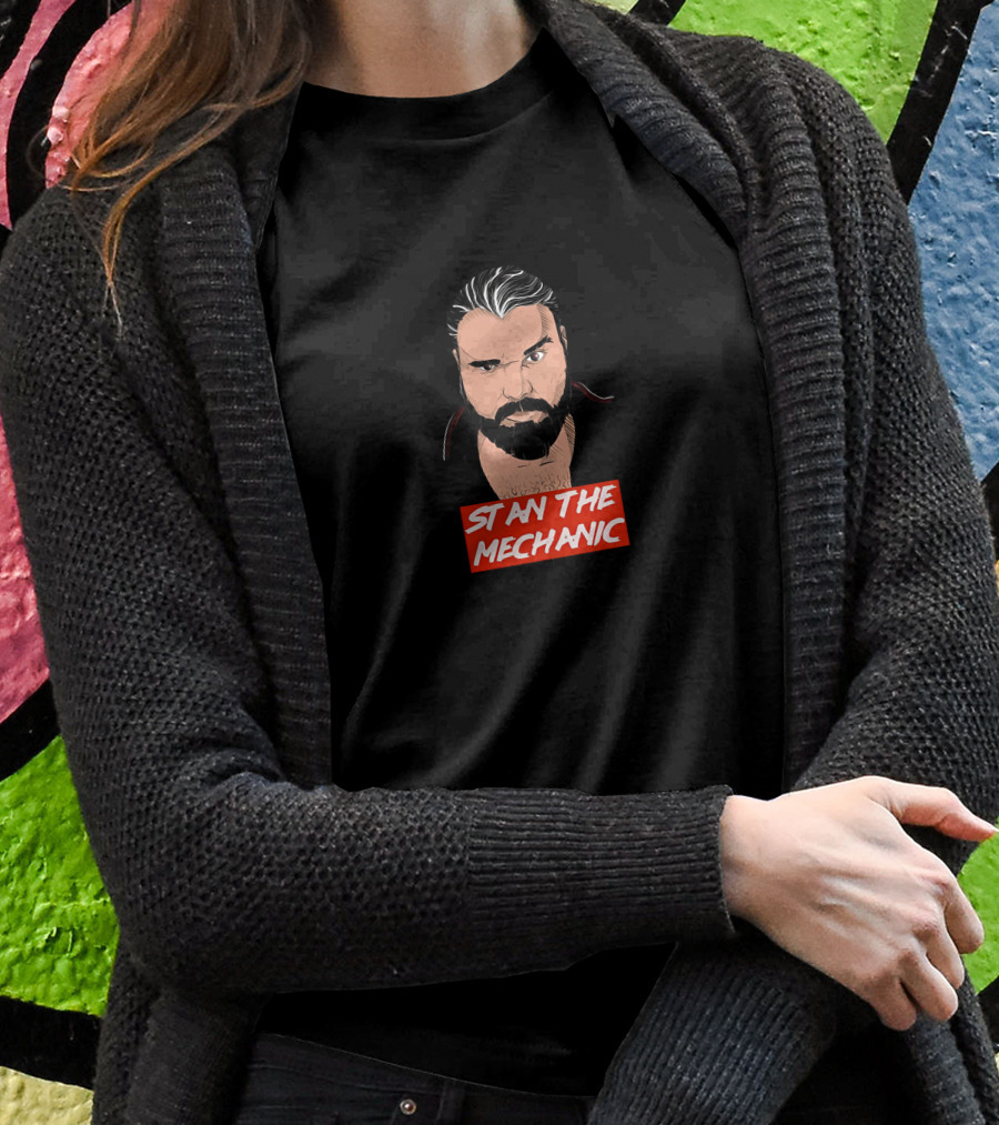 Stan The Mechanic Red Text Illustration With Bearded Character Shirt