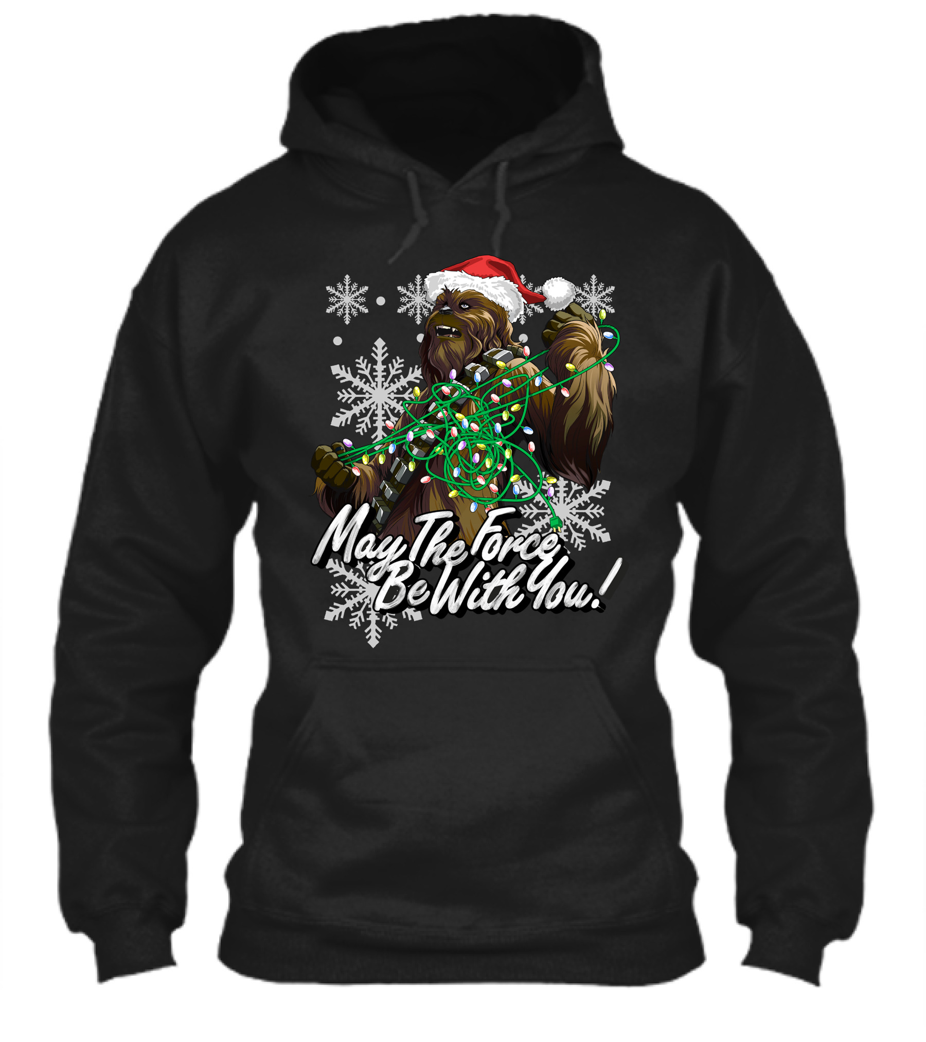 May The Force Be With You Chewbacca Santa Hat Tangled Lights Snowflakes Shirt
