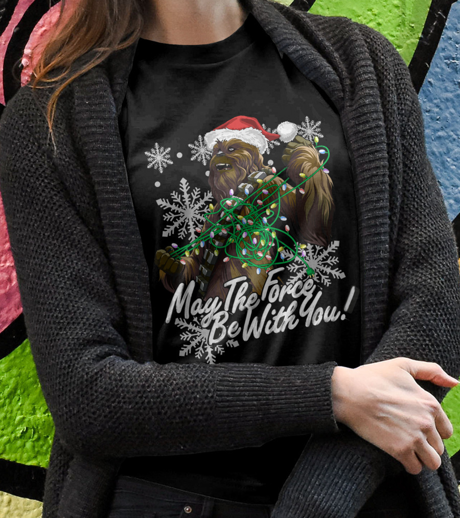 May The Force Be With You Chewbacca Santa Hat Tangled Lights Snowflakes Shirt