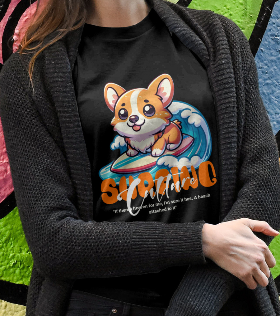 Surfing Culture Corgi On Surfboard With Wave Shirt
