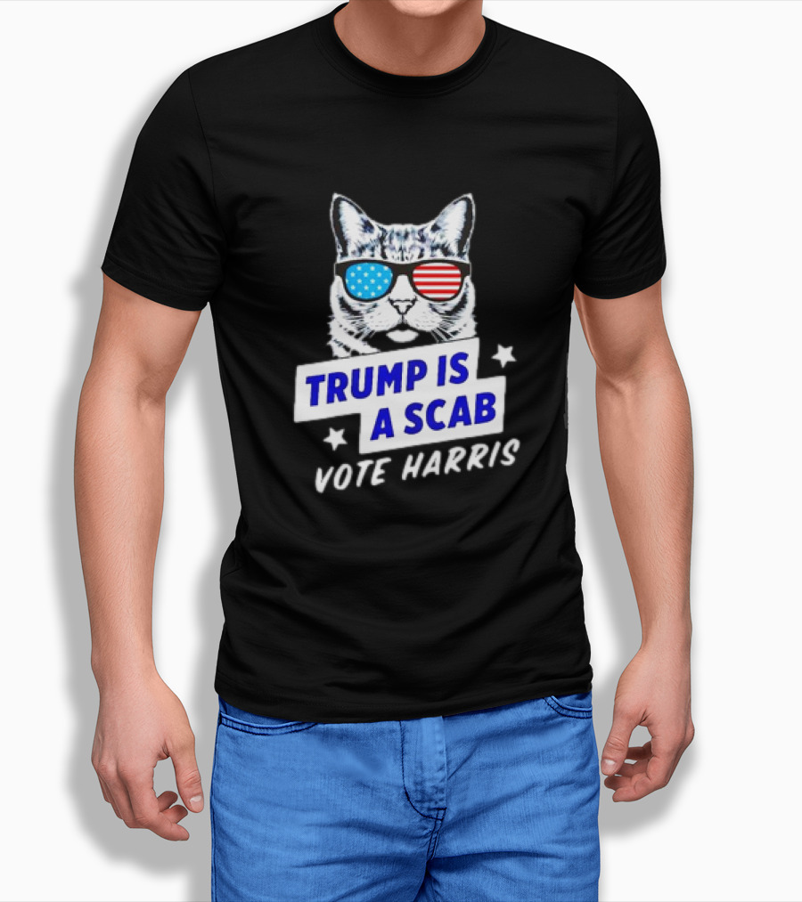 Trump Is A Scab Vote Harris Cat With American Sunglasses Shirt