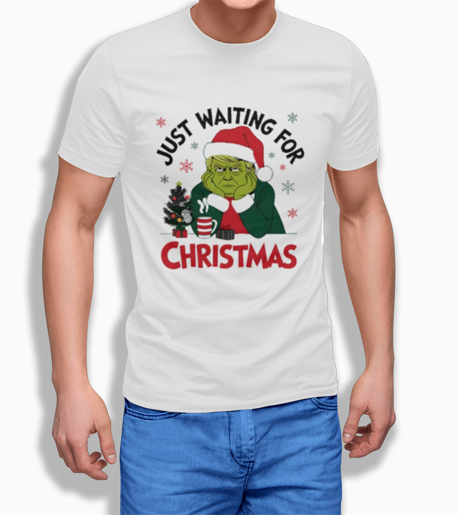 Just Waiting For Christmas Trump Grinchmas Santa Hat Snowflakes Tree Hot Cocoa Shirt