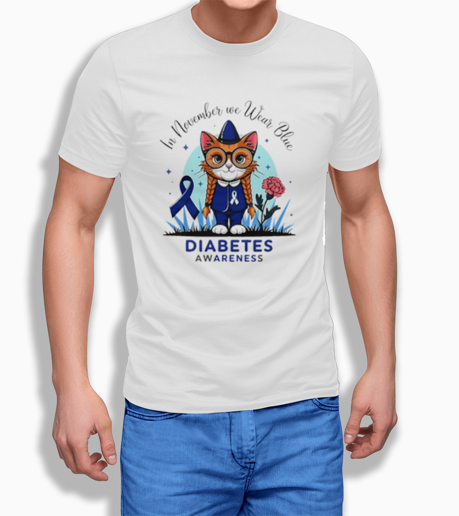 In November We Wear Blue Cute Cat Diabetes Awareness Shirt