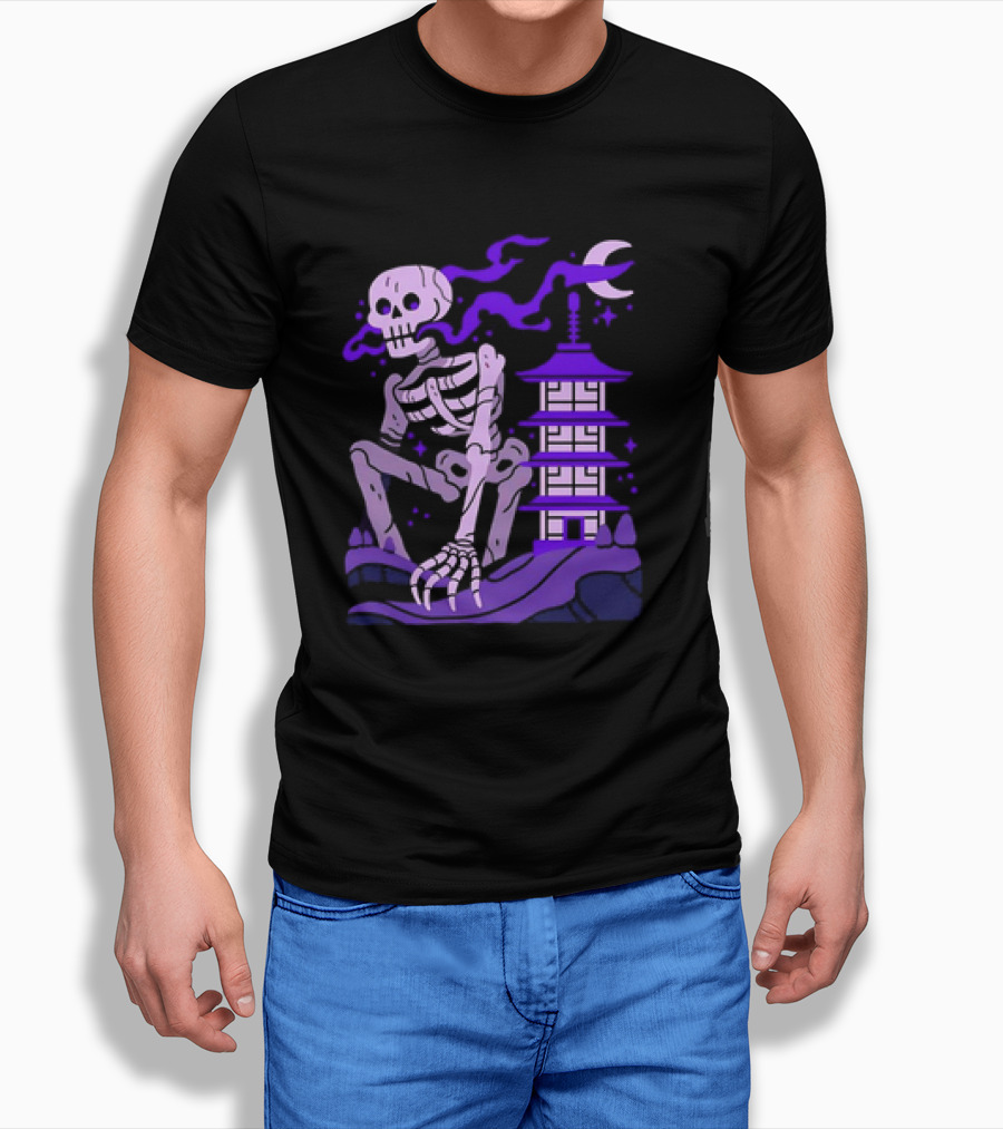 Gashadokuro Japanese Cryptid Skeleton With Pagoda And Crescent Moon Shirt