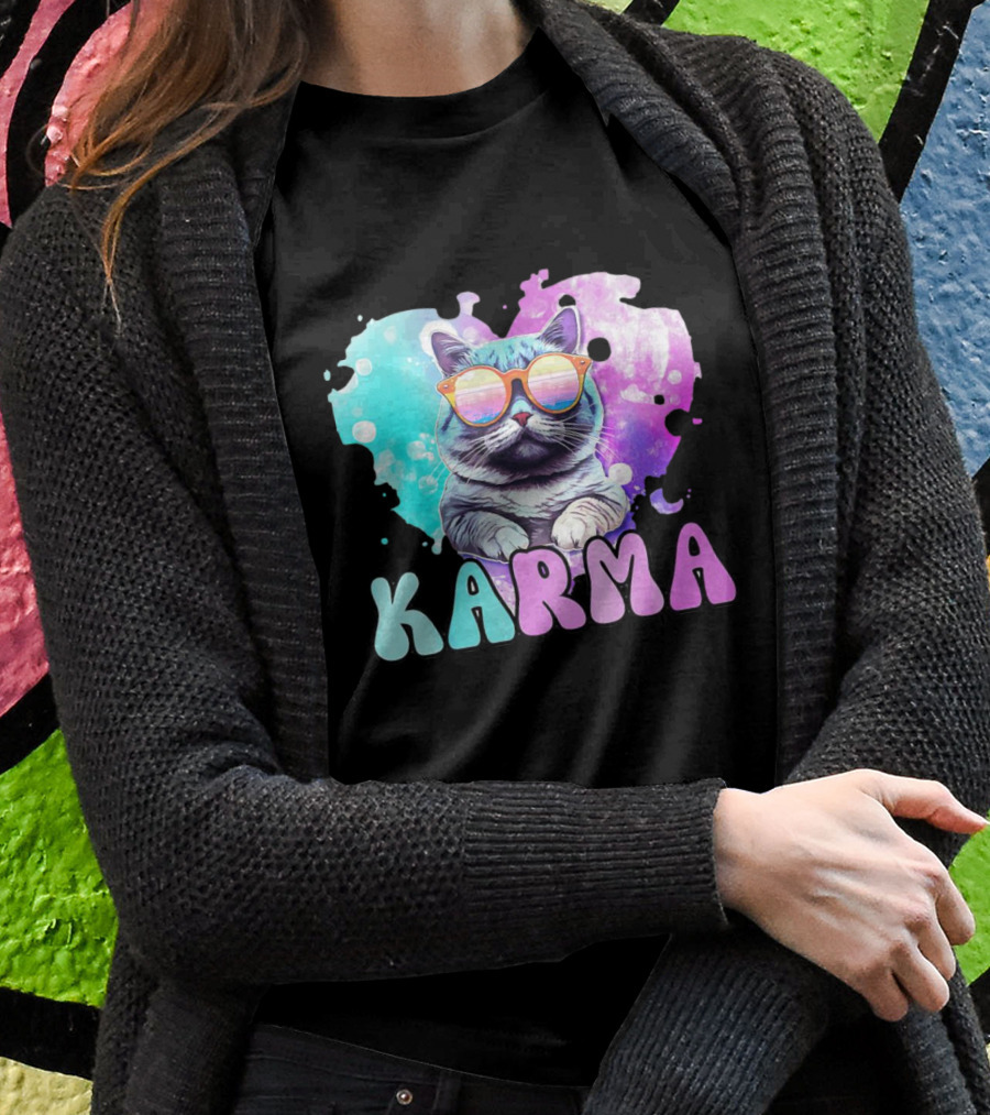 Karma Cat In Sunglasses With Heartshaped Watercolor Background Shirt